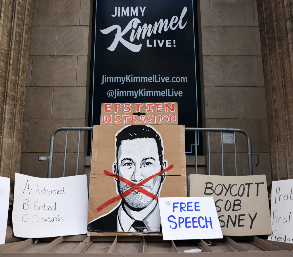 Signs of protest in front of Jimmy Kimmel's office.