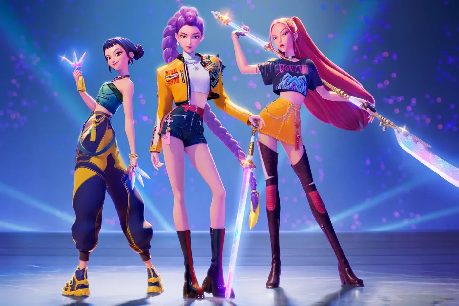The iconic trio HUNTR/X, protagonists of KPop Demon Hunters.
