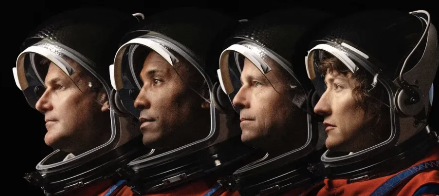 The crew of Artemis II. From left to right: Reid Wiseman, Victor Glover, Jeremy Hansen, and Christina Koch